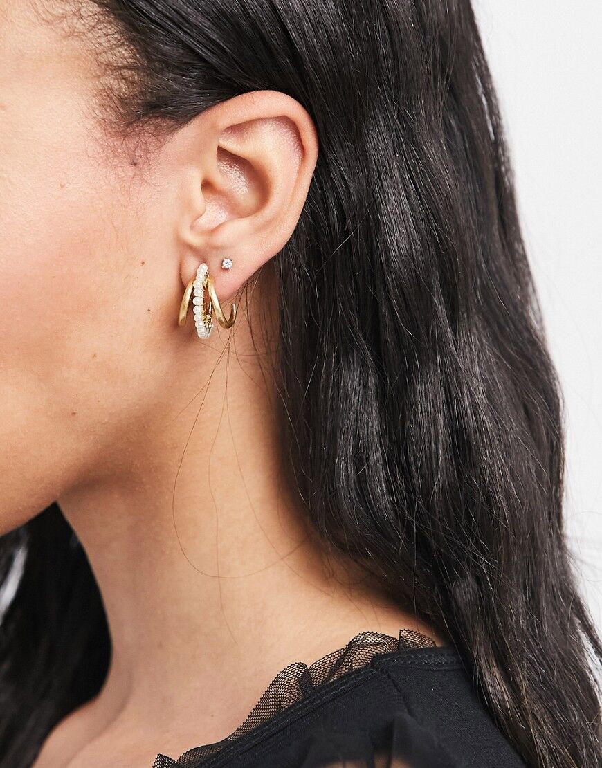 Mango double hoop & faux pearl earrings in gold  Gold
