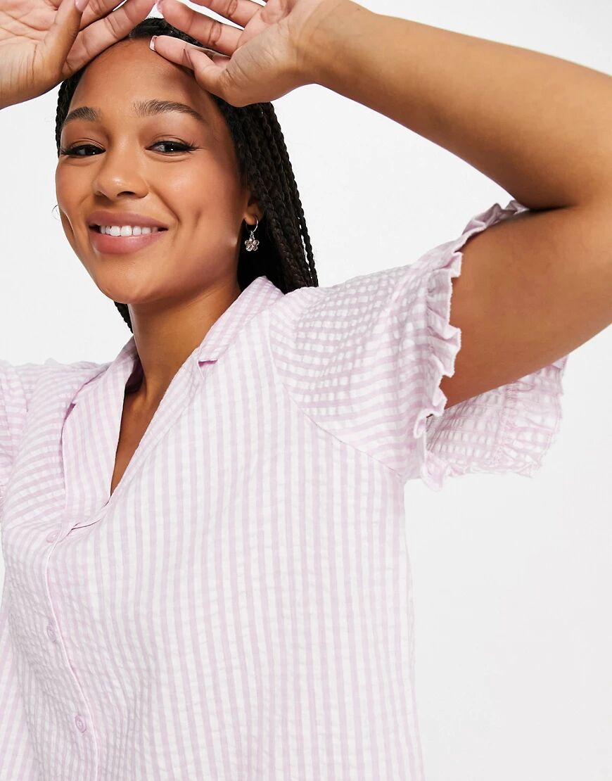 ASOS DESIGN mix & match gingham seersucker pyjama shirt with frill in pink  Pink