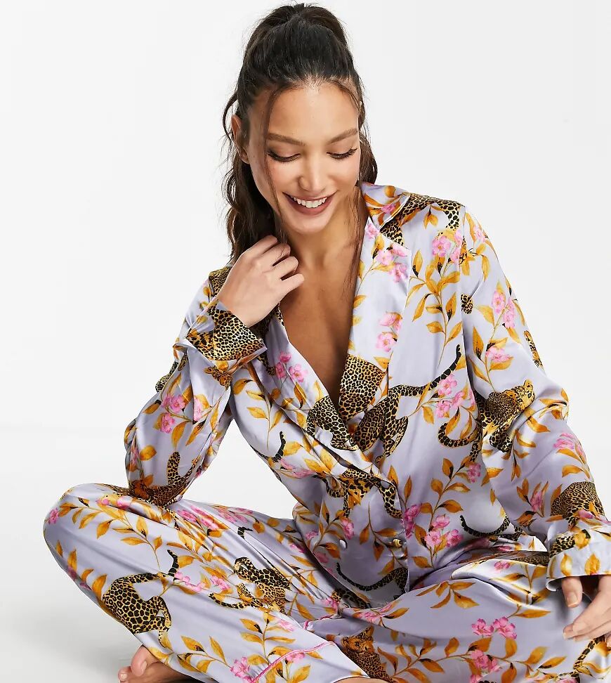 ASOS Tall ASOS DESIGN Tall exclusive leopard botanical satin pyjama set in lilac-Purple  Purple