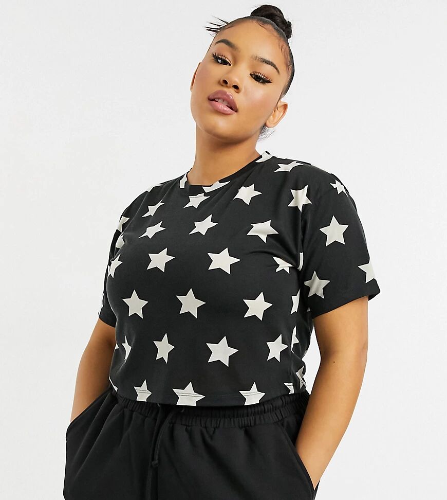 Outrageous Fortune Plus nightwear cropped t shirt in black star print-Multi  Multi