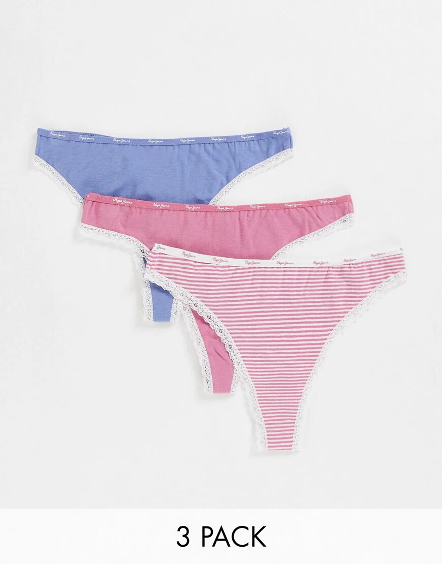 Pepe Jeans belle 3 pack thongs in stripe washed berry and blue-Pink  Pink