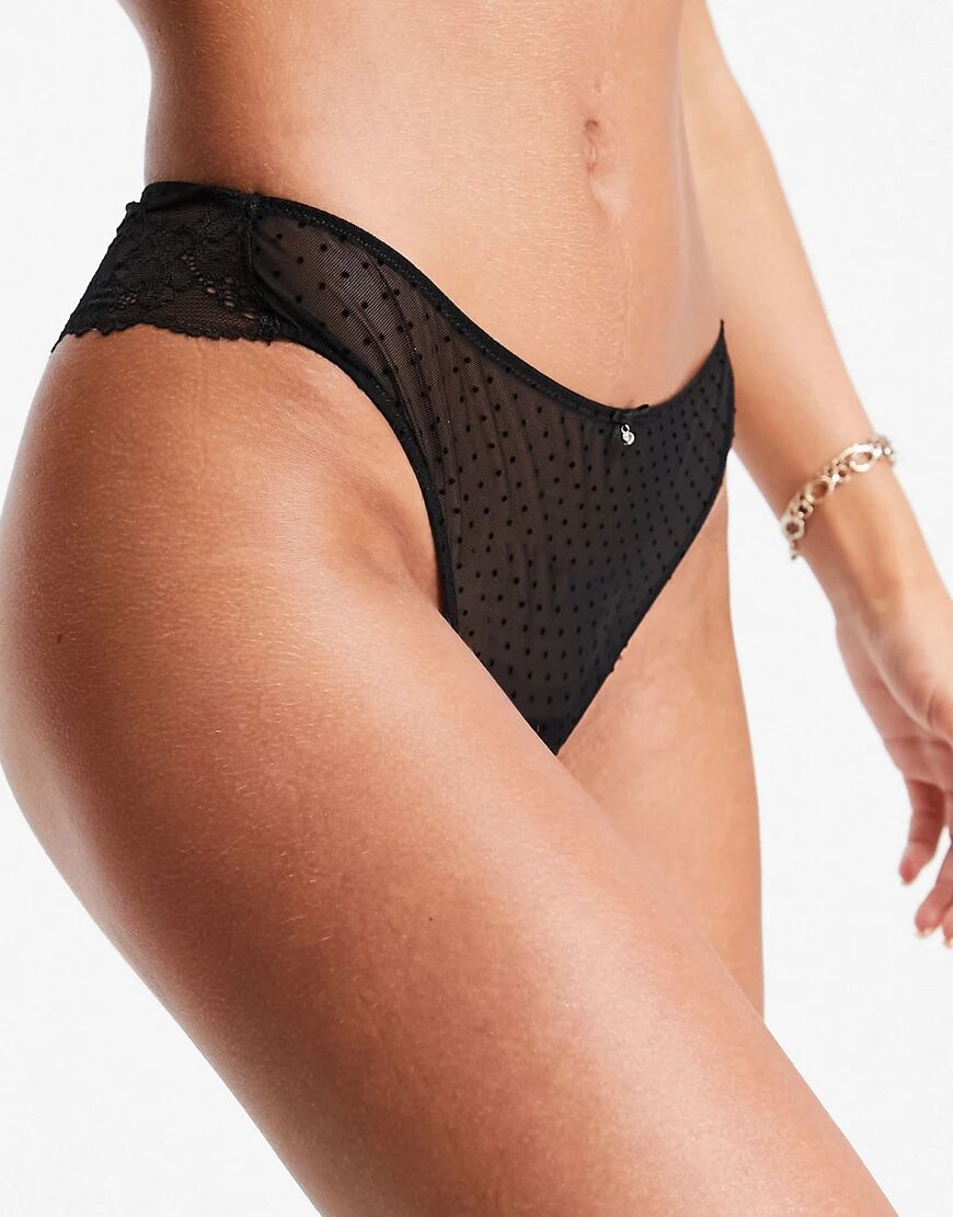 Women'secret flocked spot mesh and lace detail briefs in black  Black