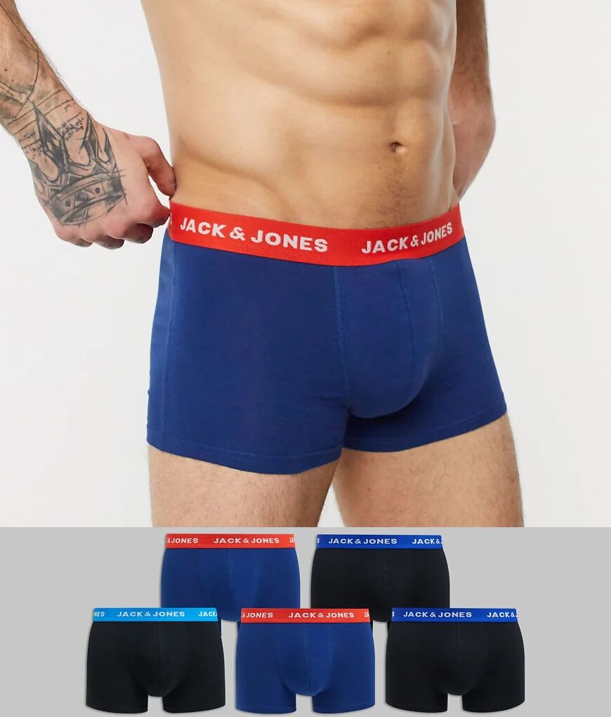 Jack & Jones 5 pack trunks with contrast waistband in black and blue-Multi  Multi