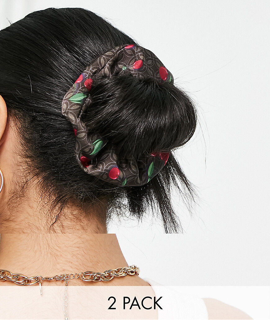 ASOS DESIGN pack of 2 scrunchies in green & monogram cherry print-Multi  Multi