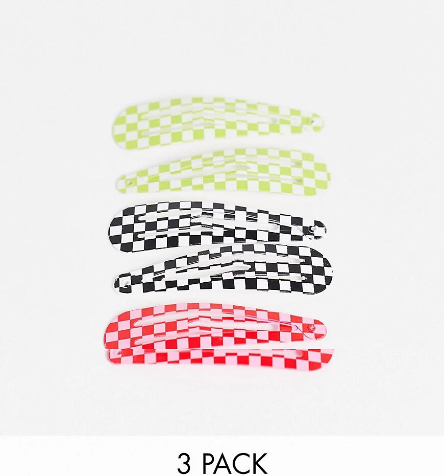 Monki Marcy 3 pack hairclips in multi checkerboard  Multi