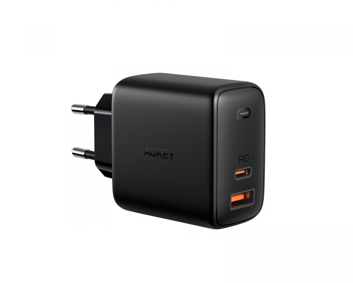 Aukey Wall Charger Mini, 1x USB-C, 1x USB-A, 65W - Svart Vegglader