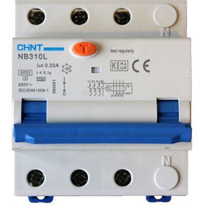 Chint JORDFEILAUTOMAT 3POL 20A C-KAR 30 mA 6kA 4mod IT/TT 230V - 1600115 Chint JORDFEILAUTOMAT 3POL 20A C-KAR 30 mA 6kA 4mod IT/TT 230V - 1600115