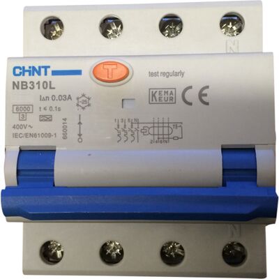 Chint CV045315 jordfeilautomat - 40A, 3+N poler, 4 moduler, 6kA, C-karakteristikk Chint CV045315 jordfeilautomat - 40A, 3+N poler, 4 moduler, 6kA, C-karakteristikk