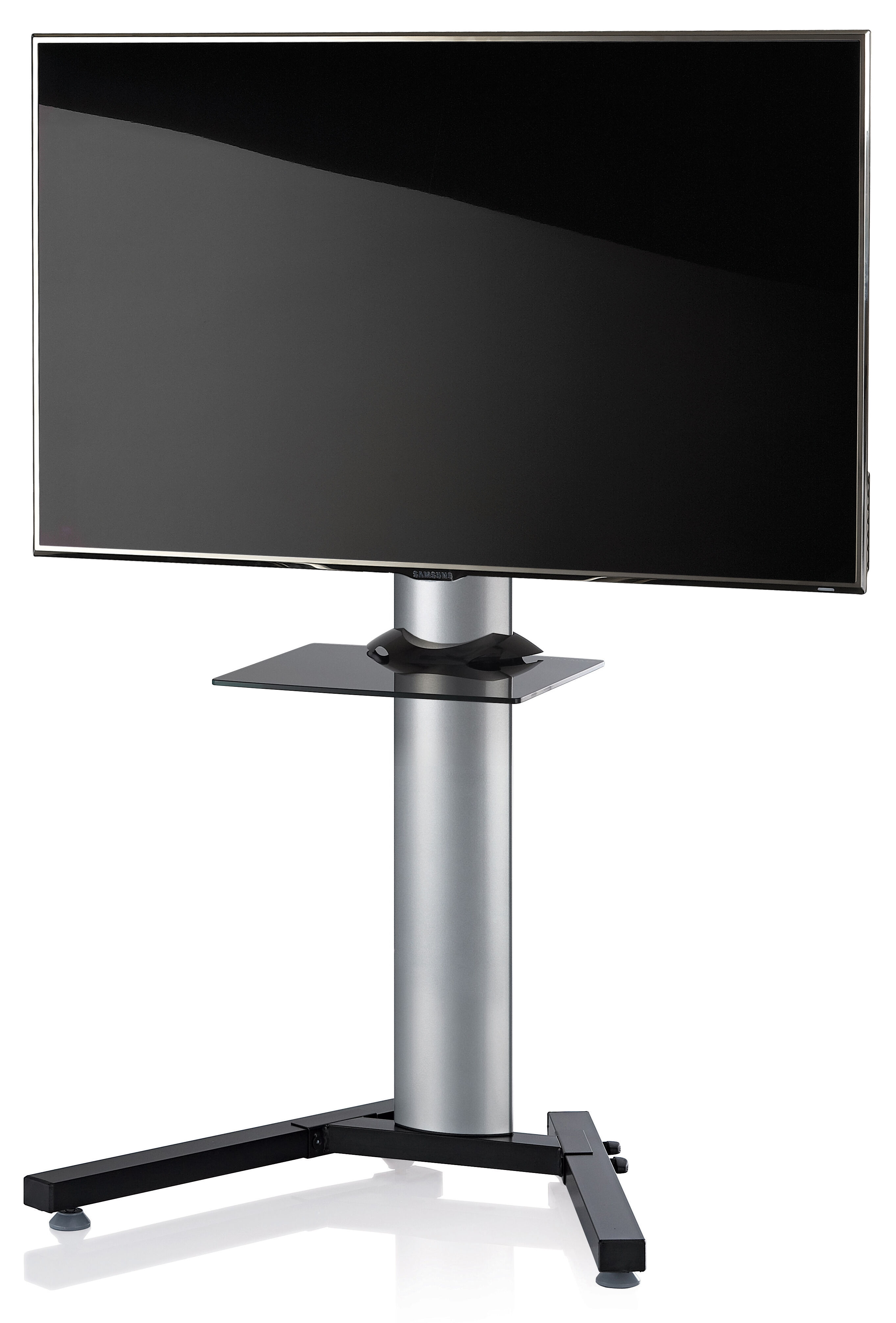 StadinoMini gulvstativ til TV med V-fot og glasshylle sølvfarget, svart glass.