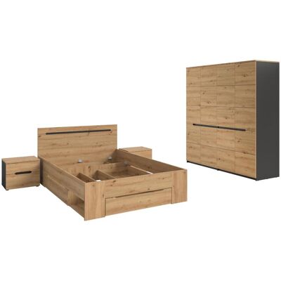 Canu Soverom sett seng 140x200 cm med oppbevaring, 2 nattbord, 1 skap grå, eikedekor. Canu Soverom sett seng 140x200 cm med oppbevaring, 2 nattbord, 1 skap grå, eikedekor.