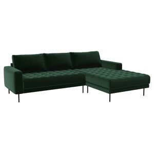 Rouge 2,5 -seters sofa med sjeselong og svarte ben. Mørk grønn Høyresving