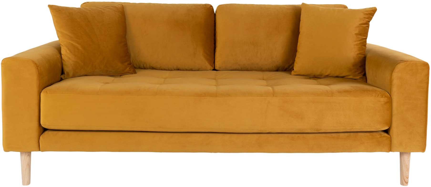 Lido sofa 2,5 seter velur inkl. 2 pynteputer, sennepsgul.