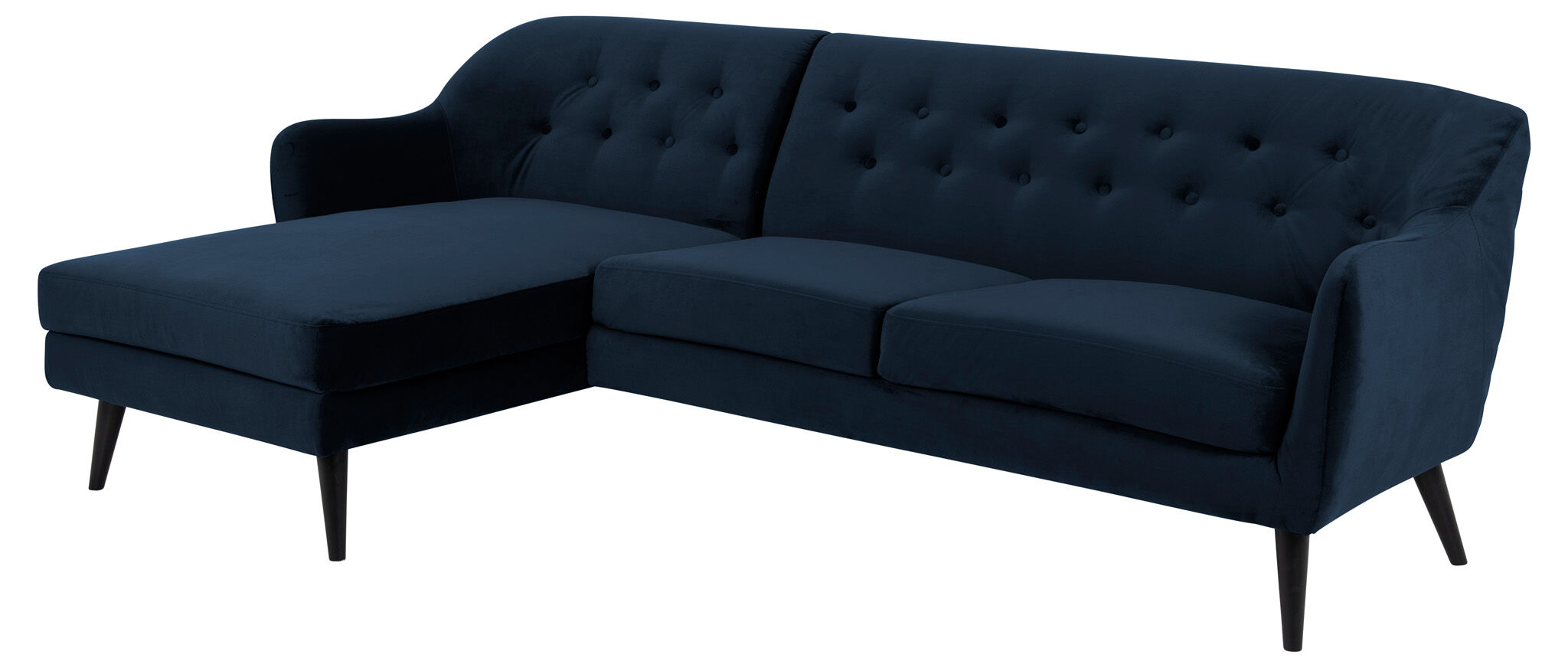 Denver 2,5 -seters sofa med sjeselong og svarte treben. Mørke blå Venstre sving