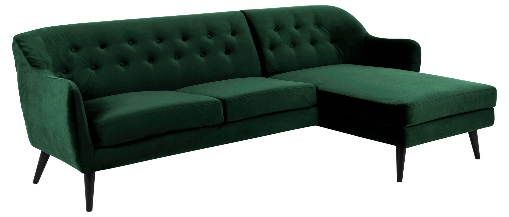 Denver 2,5 -seters sofa med sjeselong og svarte treben. Mørk grønn Høyresving