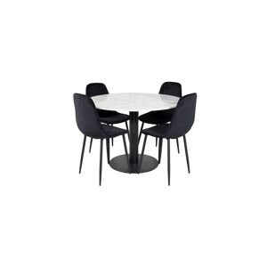 EstelleØ106WHBL spisegruppe spisebord hvit, marmor og 4 Polar Diamond spisestuestoler velour svart.