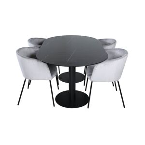Pillan spisegruppe spisebord svart glass marmor dekor og 4 Berit spisestuestoler velour grå.