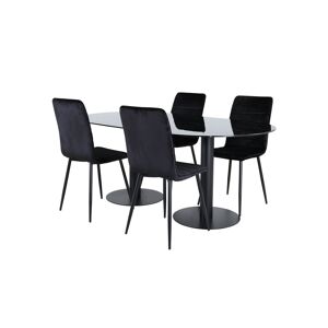 Pillan spisegruppe spisebord svart glass marmor dekor og 4 Windu Lyx spisestuestoler velour svart.