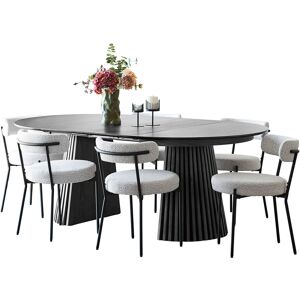 Tokyo spisegrupper spisebord inkl. 2 ileggsplater Ø120x120-160-200 cm sort og 6 stoler bouclé hvit. Tokyo spisegrupper spisebord inkl. 2 ileggsplater Ø120x120-160-200 cm sort og 6 stoler bouclé hvit.