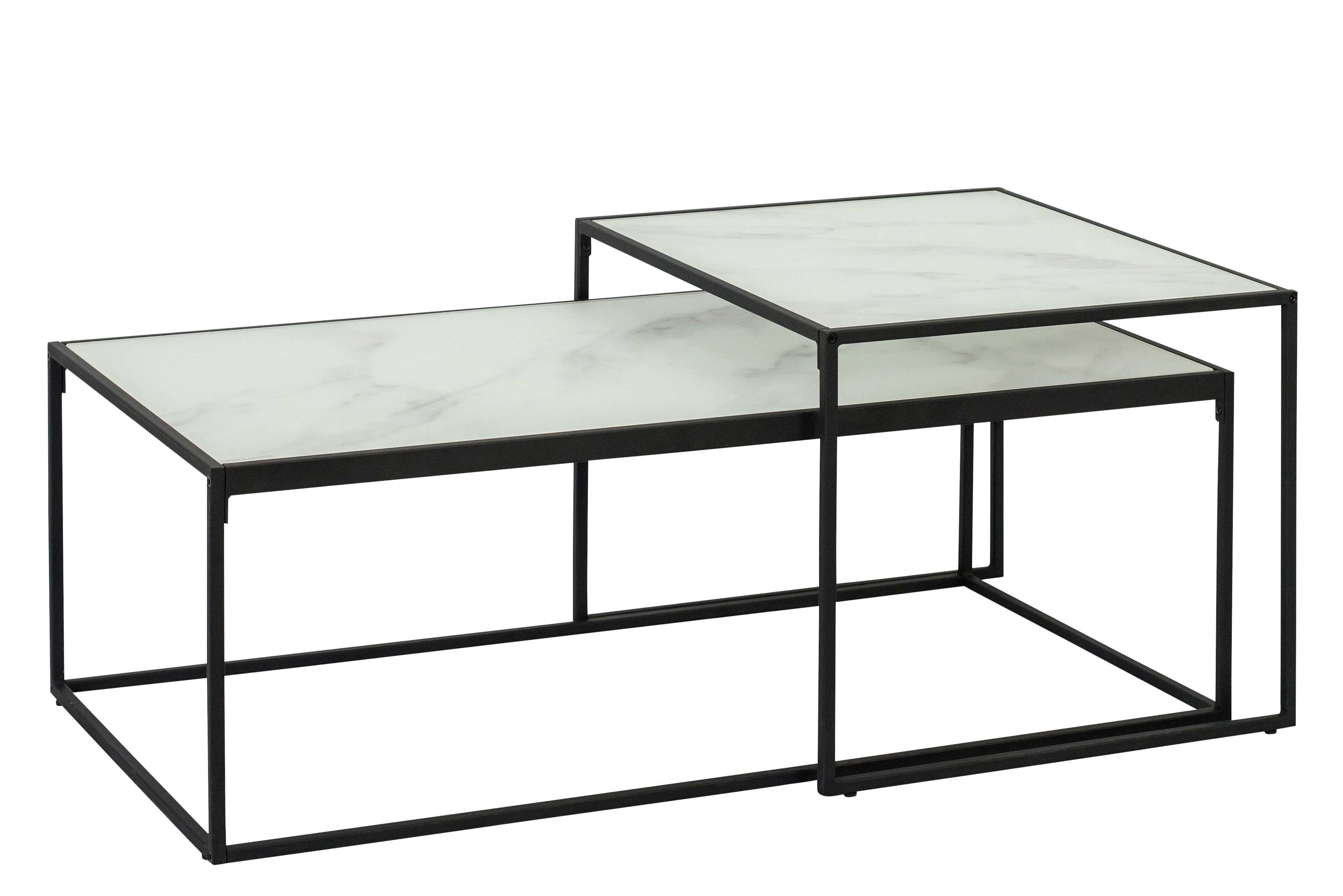 Bora innskuddsbord 2 stk. Klar glass med marmor print, metall svart.