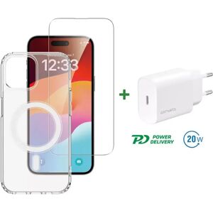 iPhone 15 4smarts Premium Starter Set - MagSafe Deksel, Skjermbeskyttelse & 20W Vegglader - Gjennomsiktig / Hvit