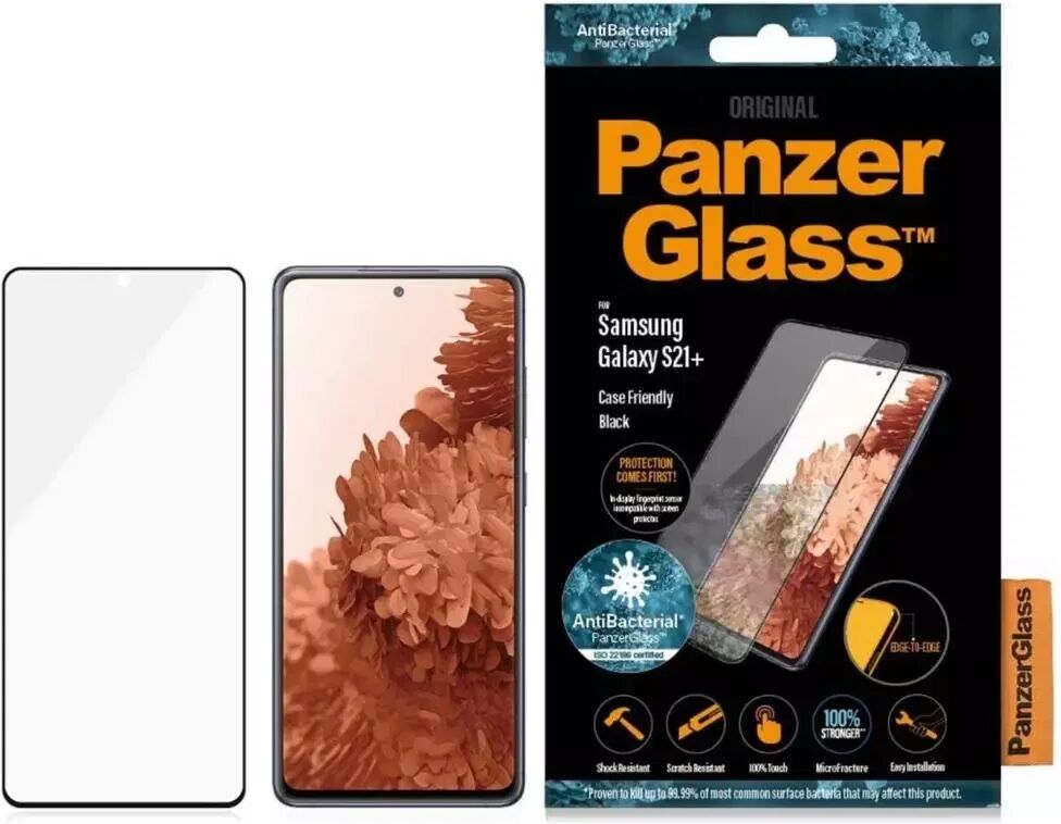 PanzerGlass Samsung Galaxy S21+ (Plus) AntiBacterial Edge-To-Edge Skjermbeskytter - Case Friendly - Svart Kant