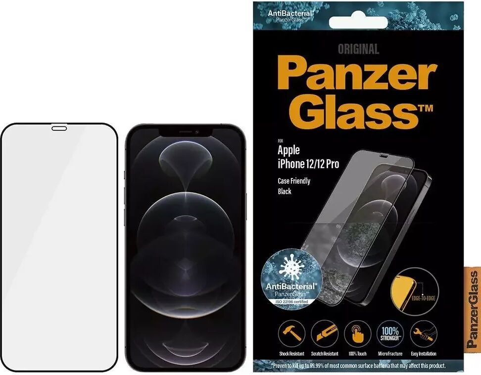 PanzerGlass iPhone 12 Pro / 12 AntiBacterial Edge-To-Edge Skjermbeskytter - Case Friendly - Svart Kant