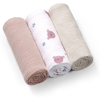 Babyono , Musselinkluter / Gulpekluter, 3 Pk – Pink Bear Babyono , Musselinkluter / Gulpekluter, 3 Pk – Pink Bear