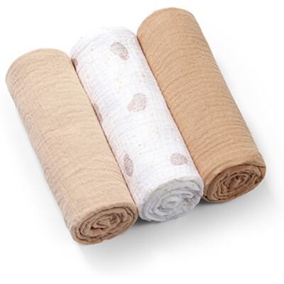 Babyono , Musselinkluter / Gulpekluter, 3 Pk – Beige Sheep Babyono , Musselinkluter / Gulpekluter, 3 Pk – Beige Sheep