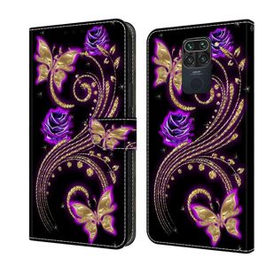 For Xiaomi Redmi Note 9 Crystal 3D Shockproof Protective Leather Phone Case(Purple Flower Butterfly)