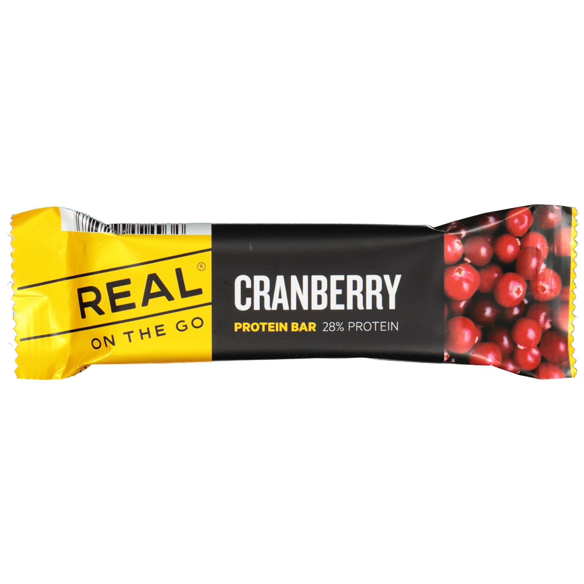 Real Turmat OTG Protein bar Tranebær 40g Black and Yellow