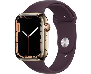 Apple Watch Series 7 GPS + Cellular, 45mm Gold Stainless Steel Case with Dark Cherry Sport Band - Regular