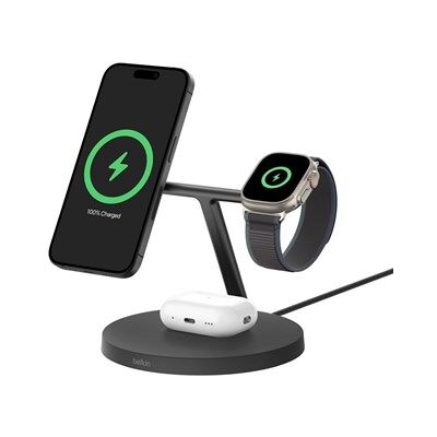 Belkin 3-in-1 Qi2 15W charging stand Apple Watch fast charge - Black Belkin 3-in-1 Qi2 15W charging stand Apple Watch fast charge - Black