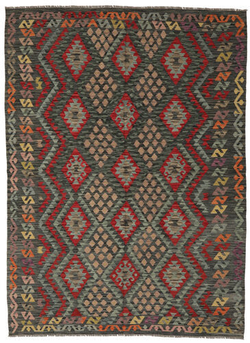 Håndknyttet. Opphav: Afghanistan Kelim Afghan Old Style Teppe 208X286 Ekte Orientalsk Håndvevd Svart/Mørk Grønn (Ull, Afghanistan)