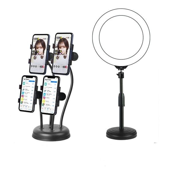 24hshop LED Selfiering med Mobilstativ for 4 mobiler