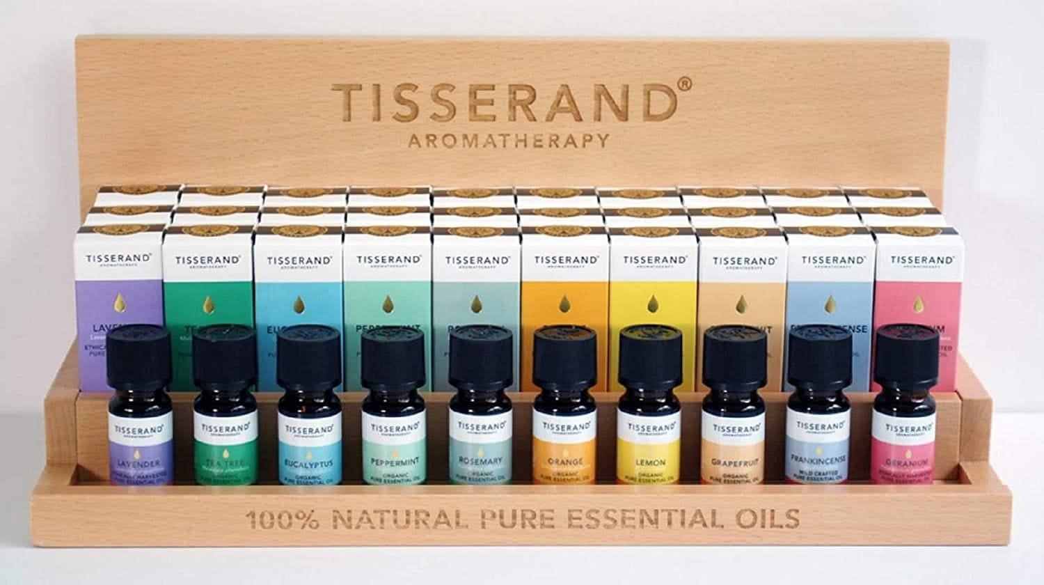 Tisserand Aromatherapy Zestaw olejków eterycznych TOP 10 i ekspozytor 40 szt. 30 x 9 ml i 10 x Tester 9 ml Tisserand Aromatherapy