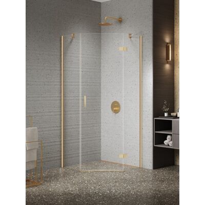 New Trendy Nesta Gold Brushed kabina pięciokątna 90x90x200 cm prawa drzwi pojedyncze złoto szczotkowane/szkło przejrzyste K-3802 New Trendy Nesta Gold Brushed kabina pięciokątna 90x90x200 cm prawa drzwi pojedyncze złoto szczotkowane/szkło przejrzyste K-3802
