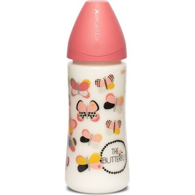 Suavinex butelka 360ml smoczek okrągły silikonowy do gęstych pokarmów Motyl różowy Suavinex butelka 360ml smoczek okrągły silikonowy do gęstych pokarmów Motyl różowy