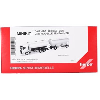 Herpa zestaw modelarski MiniKit MAN TGS TM cysternowy zestaw z przyczepą, biały (1 szt.), miniatura w skali 1:87, model kolekcjonerski Herpa zestaw modelarski MiniKit MAN TGS TM cysternowy zestaw z przyczepą, biały (1 szt.), miniatura w skali 1:87, model kolekcjonerski