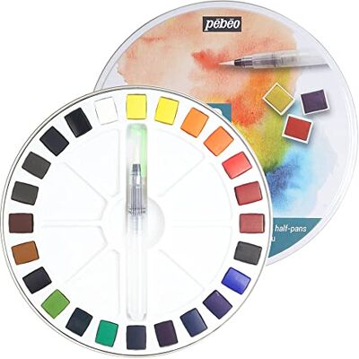 PEBEO Pébéo Fine Watercolour Metal Round Box 24 Half Buckets Pébéo Watercolour Painting Box Watercolour Palette Kit 24 Half Buckets & 1 Pocket Brush PEBEO Pébéo Fine Watercolour Metal Round Box 24 Half Buckets Pébéo Watercolour Painting Box Watercolour Palette Kit 24 Half Buckets & 1 Pocket Brush