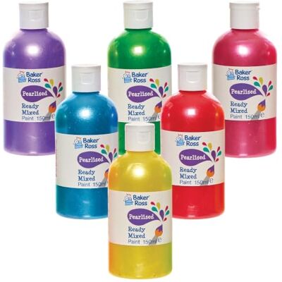 Baker Ross FN254 Perłowa gotowa mieszanka farb plakatowych 150ml opakowanie 6 butelek, farby dla dzieci Baker Ross FN254 Perłowa gotowa mieszanka farb plakatowych 150ml opakowanie 6 butelek, farby dla dzieci