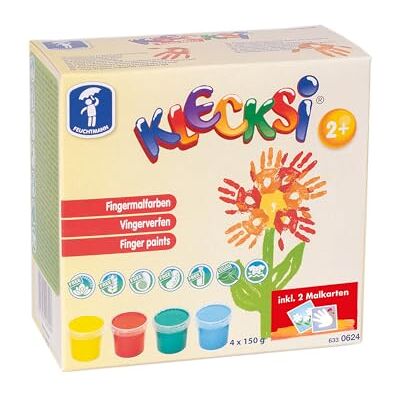 Feuchtmann 633 0654 0654-KLECKSi farba do malowania palcami Basic Mini, 4 puszki po ok. 150 g, wysokiej jakości farby dla dzieci od 2 lat, w zestawie karty do malowania Feuchtmann 633 0654 0654-KLECKSi farba do malowania palcami Basic Mini, 4 puszki po ok. 150 g, wysokiej jakości farby dla dzieci od 2 lat, w zestawie karty do malowania