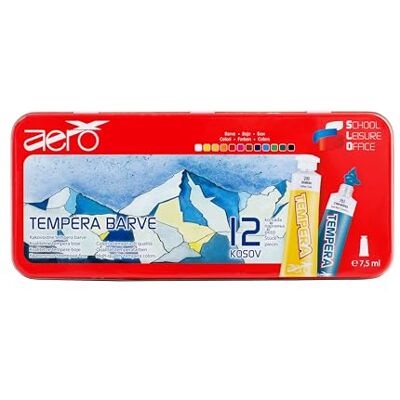 AERO Tempera Farby, 12 kolorów po 7,5 ml, w praktycznym metalowym pudełku z motywem krajobrazu, jasne i intensywne kolory, wysoko pigmentowane, możliwość malowania wodą, odpowiednie do wielu technik AERO Tempera Farby, 12 kolorów po 7,5 ml, w praktycznym metalowym pudełku z motywem krajobrazu, jasne i intensywne kolory, wysoko pigmentowane, możliwość malowania wodą, odpowiednie do wielu technik