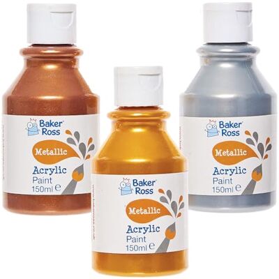 Baker Ross FN651 Zestaw farb akrylowych metalicznych 150 ml – opakowanie 6 sztuk, farby metaliczne w różnych kolorach, idealne do rękodzieła Baker Ross FN651 Zestaw farb akrylowych metalicznych 150 ml – opakowanie 6 sztuk, farby metaliczne w różnych kolorach, idealne do rękodzieła