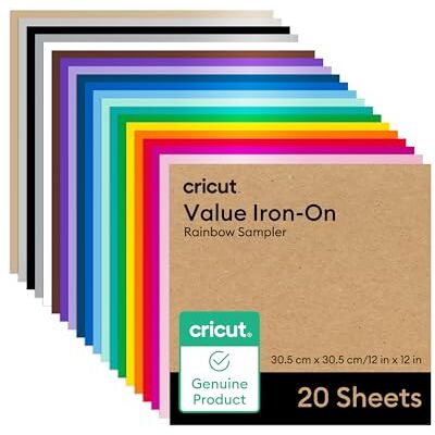 Cricut Iron On 20 sztuk 30,5 cm x 30,5 cm (12 cali x 12") arkusze winylowe termotransferowe do użytku ze wszystkimi maszynami do cięcia Cricut Iron On 20 sztuk 30,5 cm x 30,5 cm (12 cali x 12") arkusze winylowe termotransferowe do użytku ze wszystkimi maszynami do cięcia