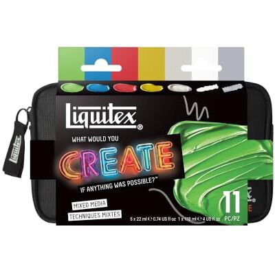 Liquitex WWYC Mixed Media Set – Metaliczne farby akrylowe Set 3699506: 5 metalicznych farb akrylowych, medium 75 ml, markery i akcesoria – idealny do Mixed Media Liquitex WWYC Mixed Media Set – Metaliczne farby akrylowe Set 3699506: 5 metalicznych farb akrylowych, medium 75 ml, markery i akcesoria – idealny do Mixed Media