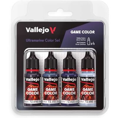 Vallejo Game Color Ultramarine Blue zestaw farb akrylowych (zestaw kolorów ultramaryny). Zestaw 4 kolorów matowego wykończenia w butelkach z kroplomierzem 18 ml do figurek fantasy i gier wojennych Vallejo Game Color Ultramarine Blue zestaw farb akrylowych (zestaw kolorów ultramaryny). Zestaw 4 kolorów matowego wykończenia w butelkach z kroplomierzem 18 ml do figurek fantasy i gier wojennych