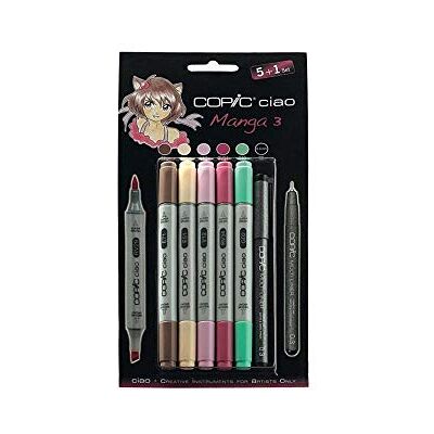 Copic Ciao Marker 5+1 Set "Manga 3", 5 markerów uniwersalnych na bazie alkoholu z jedną końcówką średniej szerokości i jedną pędzelkową, w tym 1 Multiliner 0,3 mm Copic Ciao Marker 5+1 Set "Manga 3", 5 markerów uniwersalnych na bazie alkoholu z jedną końcówką średniej szerokości i jedną pędzelkową, w tym 1 Multiliner 0,3 mm