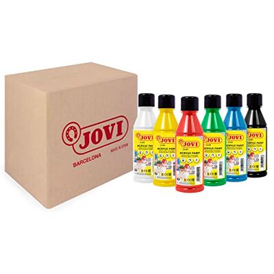 Jovi Farba akrylowa, 6 pojemników po 250 ml, kolory podstawowe, wysoka moc krycia, łatwa do nakładania na dowolne powierzchnie, bezglutenowe (680/6A) Jovi Farba akrylowa, 6 pojemników po 250 ml, kolory podstawowe, wysoka moc krycia, łatwa do nakładania na dowolne powierzchnie, bezglutenowe (680/6A)