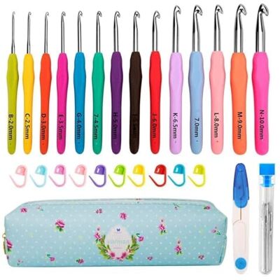 Yarniss Zestaw szydełek, 14 rozmiarów, od 2 mm (B) do 10 mm (N), ergonomiczne szydełka z etui dla początkujących, długie druty do szydełkowania Yarniss Zestaw szydełek, 14 rozmiarów, od 2 mm (B) do 10 mm (N), ergonomiczne szydełka z etui dla początkujących, długie druty do szydełkowania