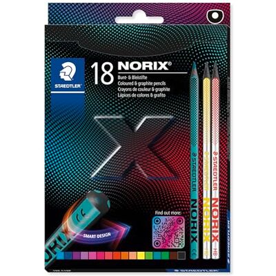 Staedtler NORIX Kredki do kolorowania, 16 różnych kolorów + 2 ołówki HB, odporne na pękanie, 18 sztuk, 186 C18P Staedtler NORIX Kredki do kolorowania, 16 różnych kolorów + 2 ołówki HB, odporne na pękanie, 18 sztuk, 186 C18P